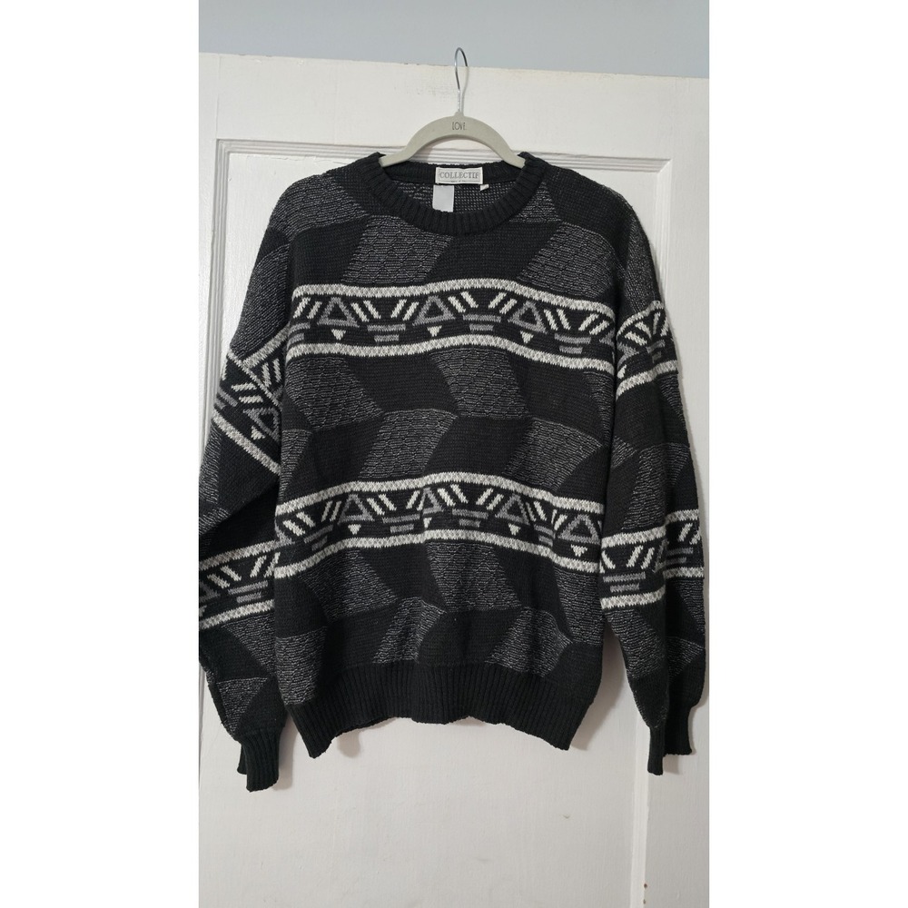 Vintage 90s Collectif Mens Made in Italy Abstract Gray Black White Sweater Sz XL